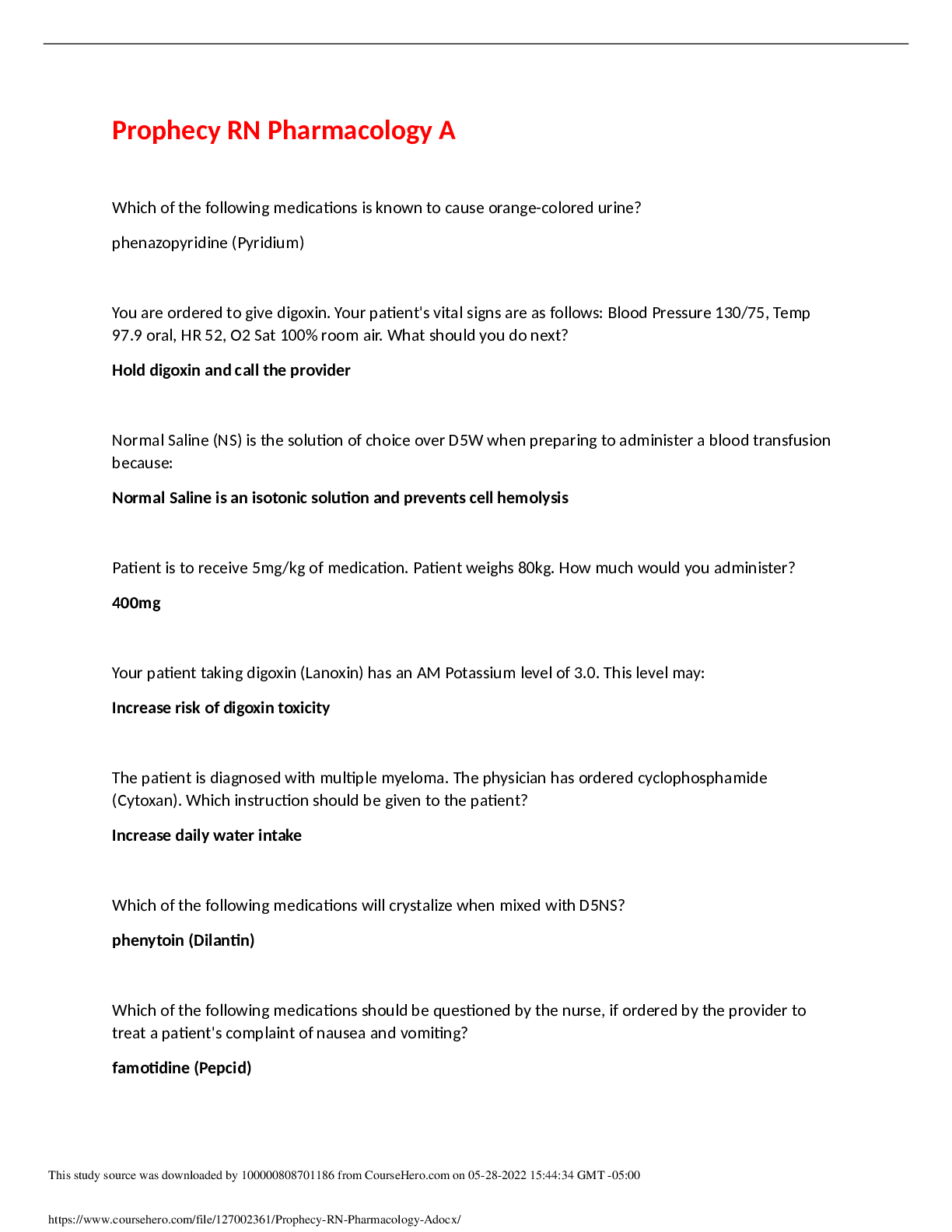 Preview image for Prophecy RN Pharmacology A Questions And Answers With Complete Solution